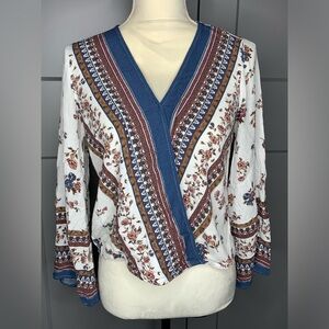 Krazy Kat Wrap Blouse Womens Small V-Neck Bell Sleeve‎ Boho Floral Print Gypsy